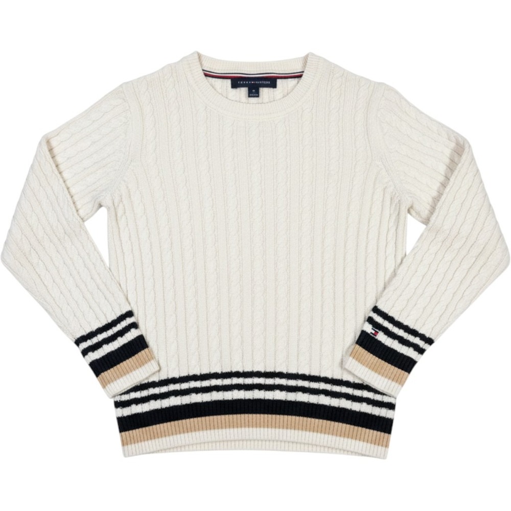Tommy Hilfiger Cable Knit Sweater Crewneck Cream Striped Varsity Size PL Petite